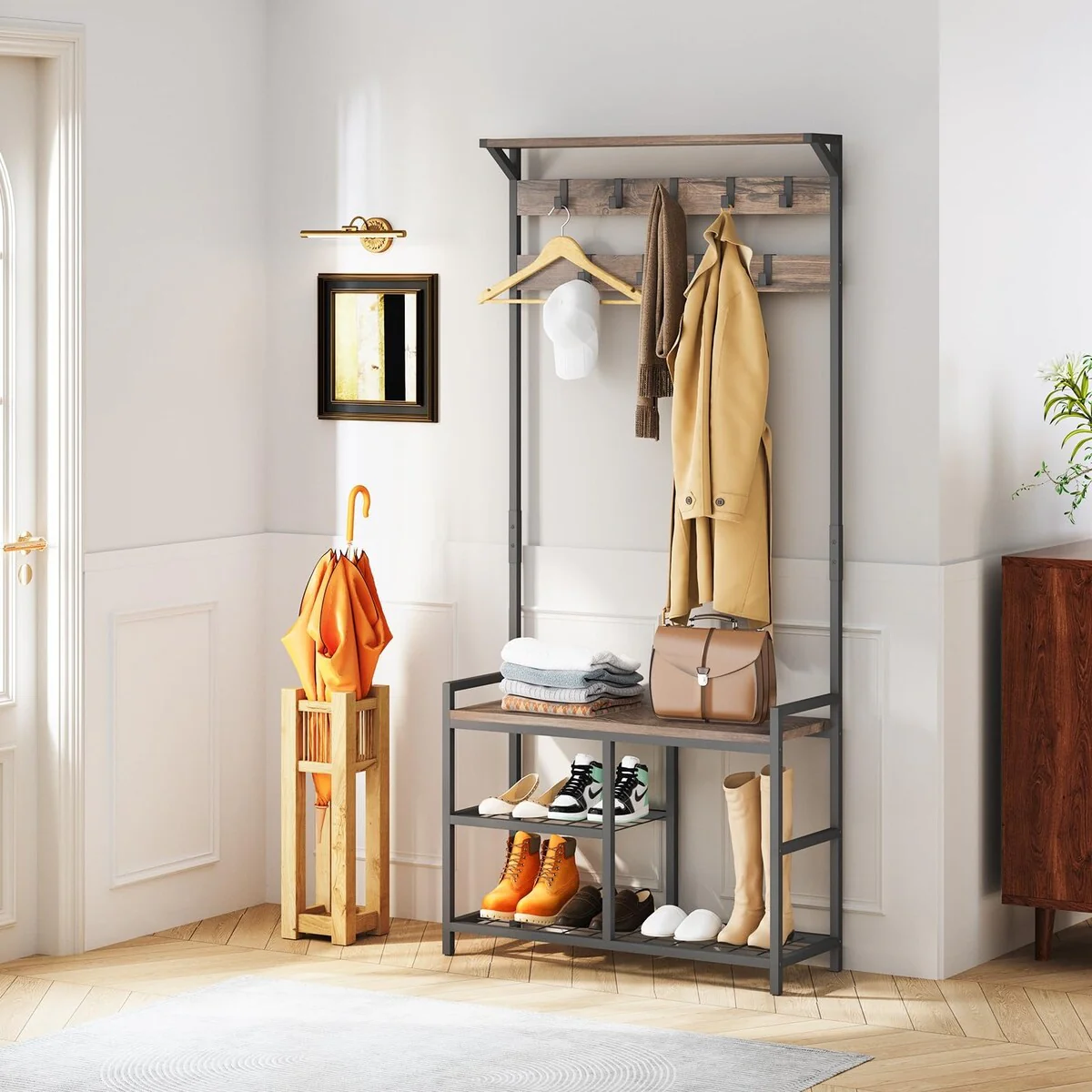 Coat Rack Shoe Bench, Hall Tree Entryway Bench with Storage, Wood Look Accent Furniture with Metal Frame, 3-in-1 Design