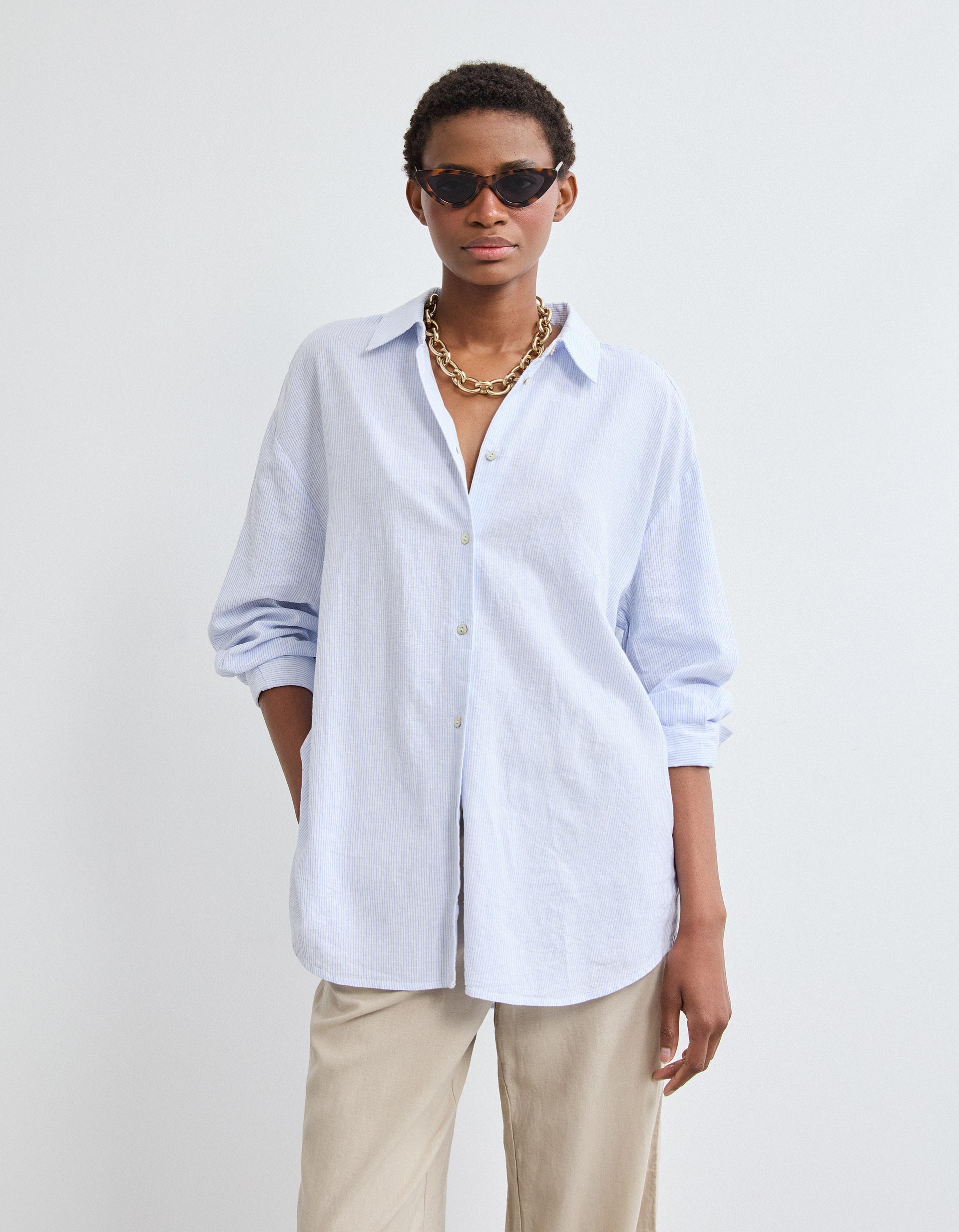 Camisa com Linho, Mulher, Azul