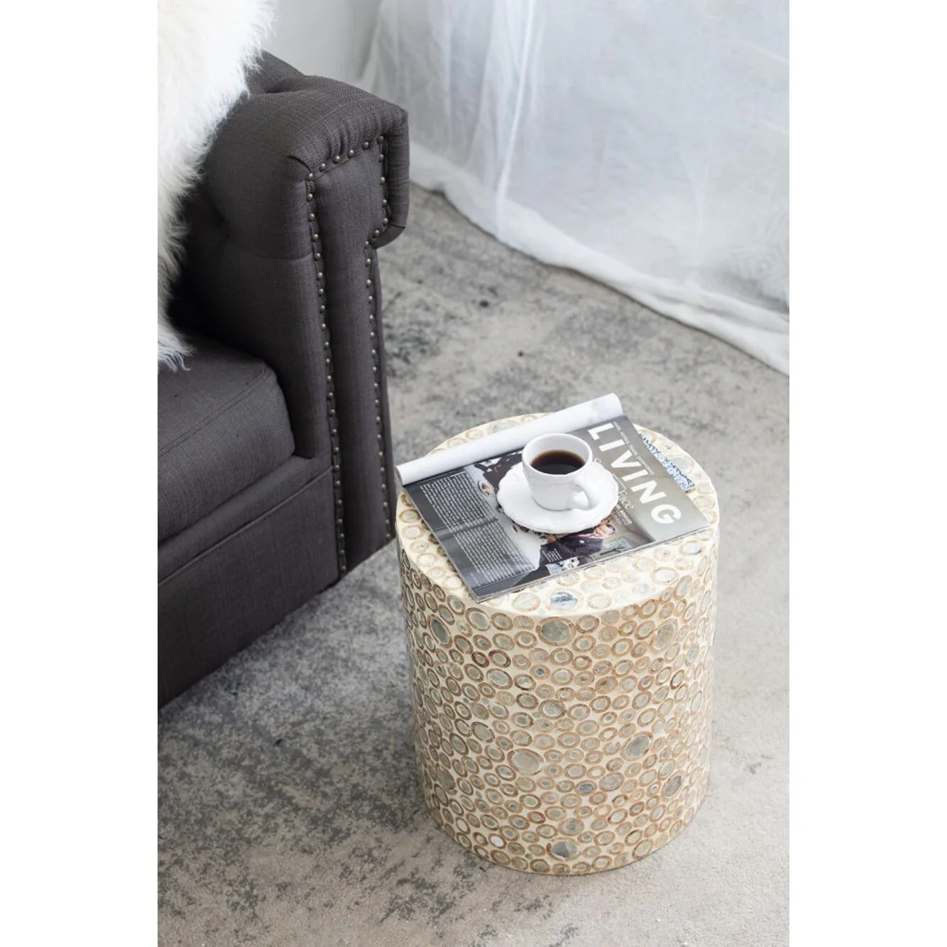 Abstract Dotted Cylindrical Capiz Stool - 15.75 - White and Gold