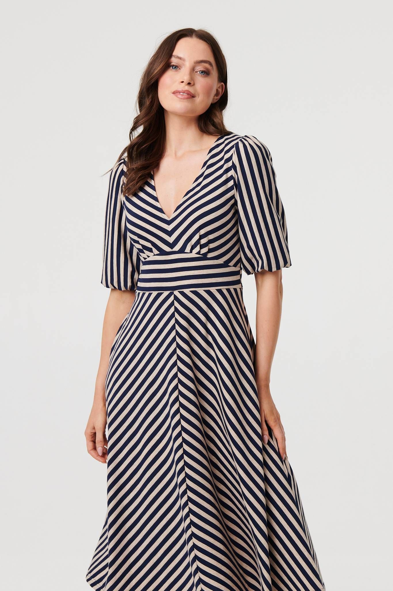 Izabel London Striped 1/2 Puff Sleeve Midi Dress