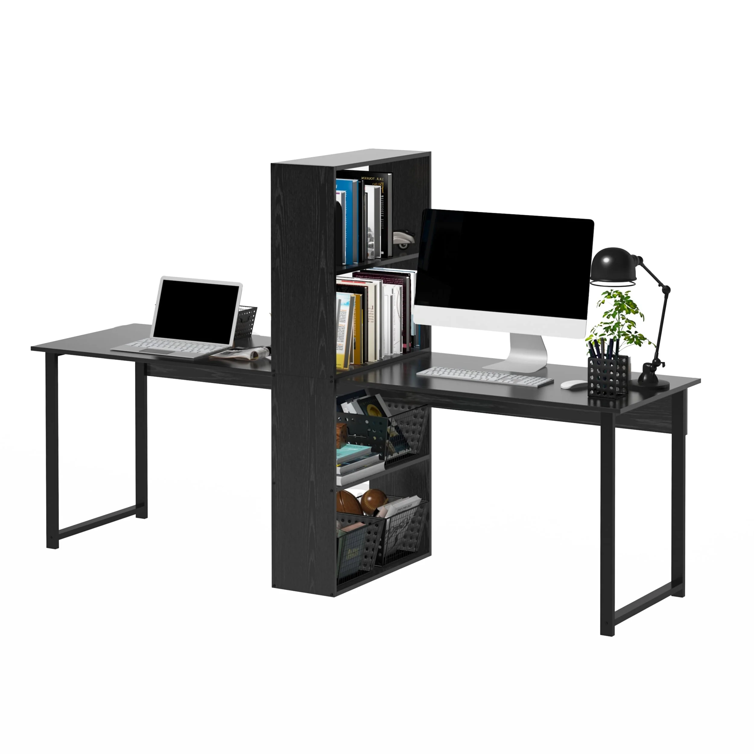 HOMCOM 88” Extra Long 2-Person Computer Desk w/ Bookshelf Combo Double Workstation Storage Unit Home Office