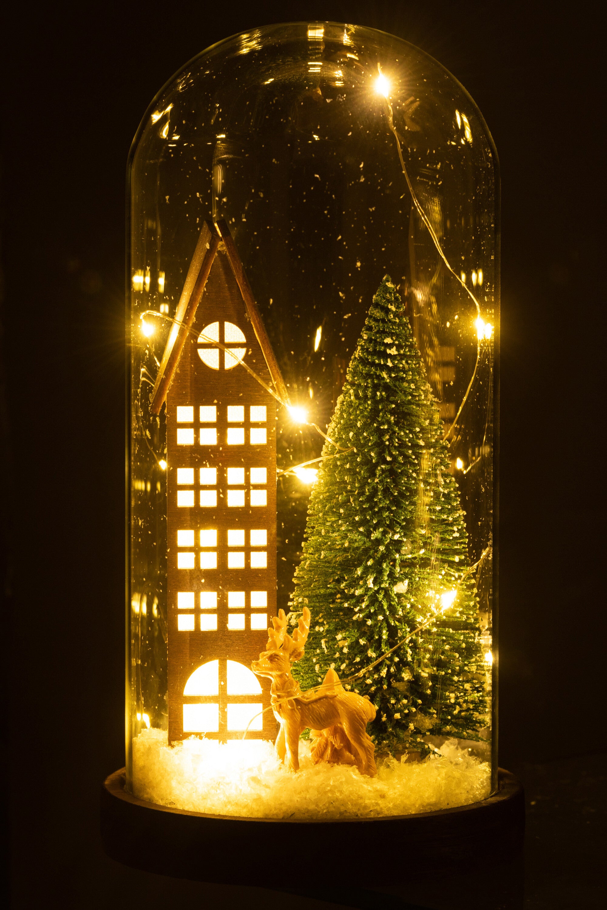 J-Line Decoratieve stolp Huis Kerst - glas/hout - bruin/groen - large - LED lichtjes