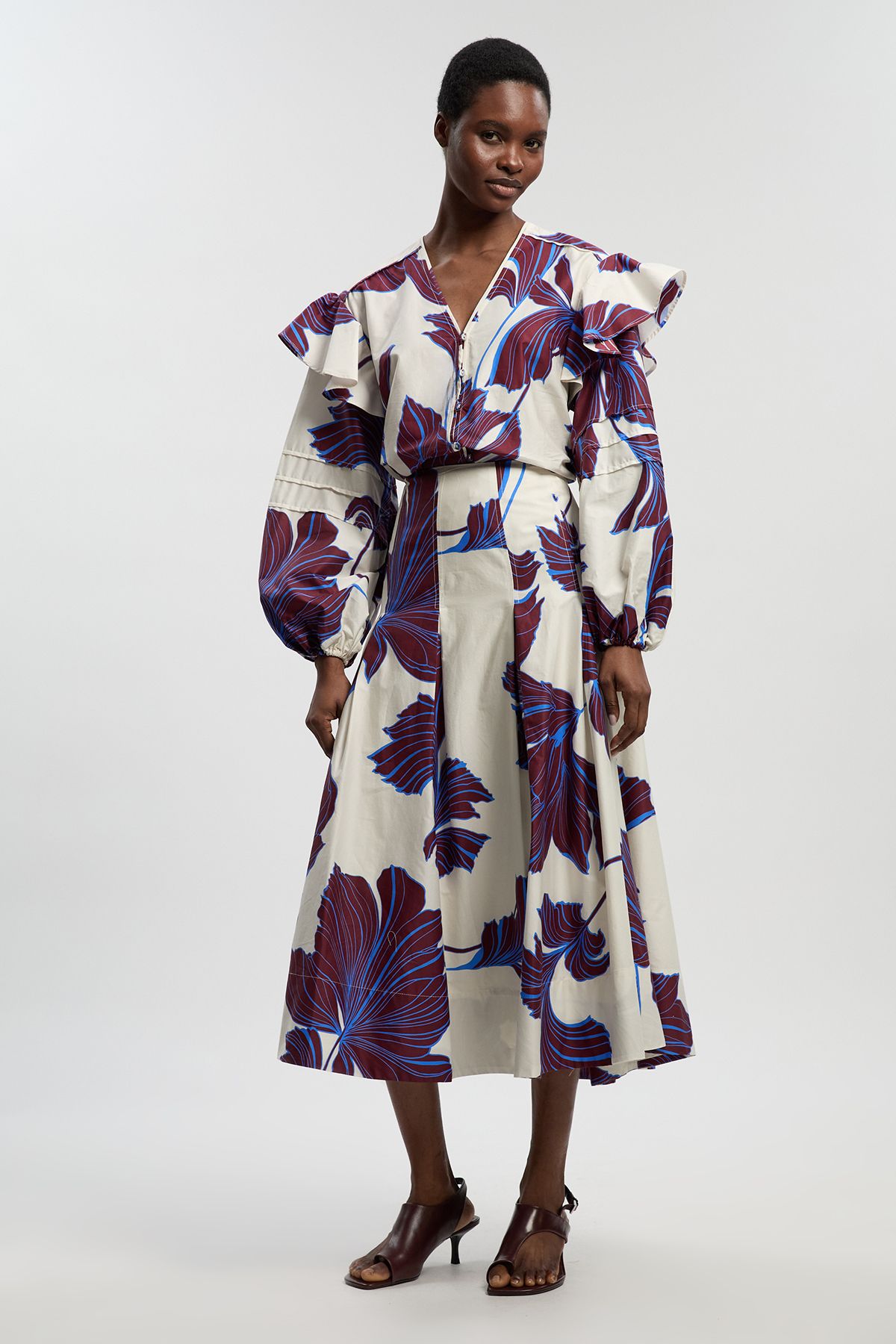 KarenMillen Graphic Floral Cotton Sateen Woven Skirt