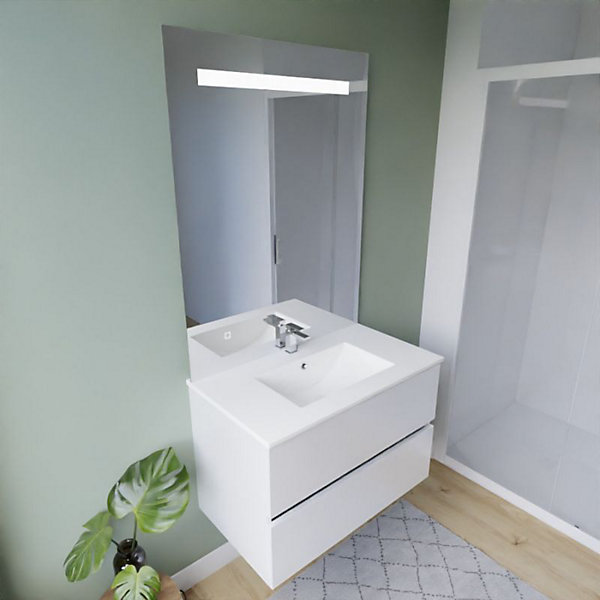 Meuble vasque ROSALY INOX 80 cm   miroir Eleg plus ht105- Blanc- Plan vasque en Céramique