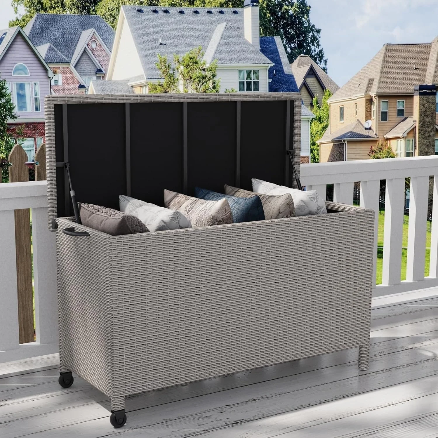 Rattan Deck Box, Outdoor Wicker Storage Box With Curved Handle & Universal Wheels