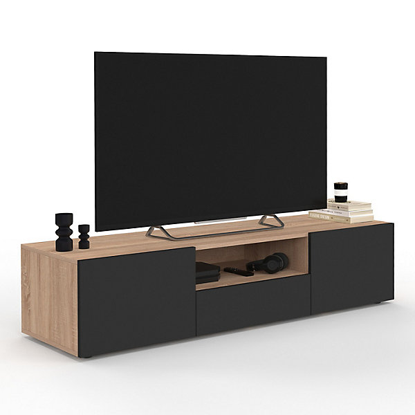 Meuble TV 140 cm ELI bois façon hêtre portes noires