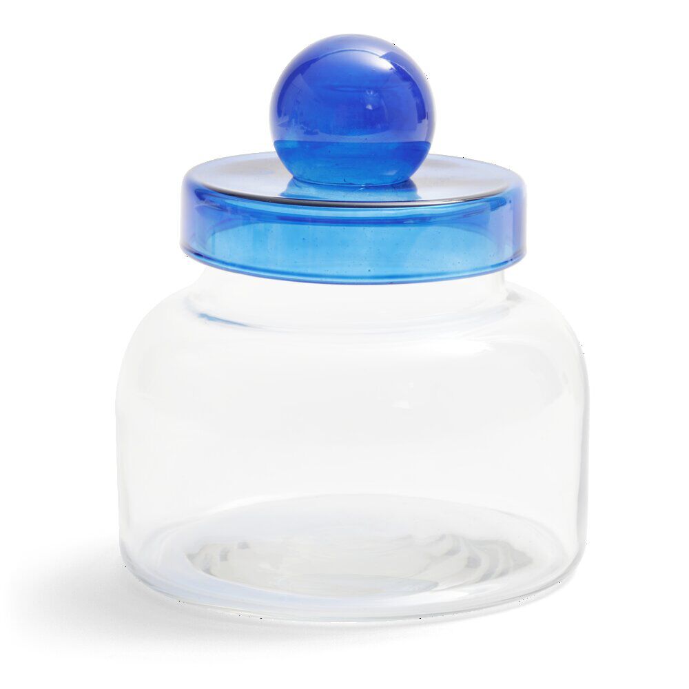 BoÎte en verre transparent   couvercle bleu Ø12xH16cm
