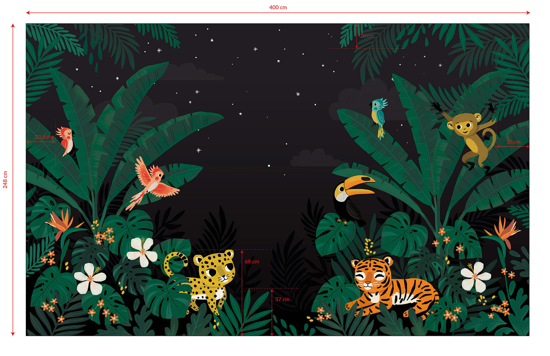JUNGLE NIGHT - Papier peint panoramique jungle et animaux, multicolore 4m x 2,48m