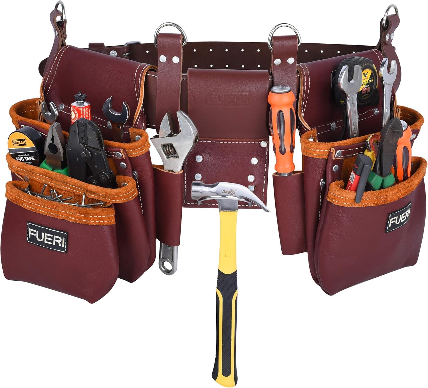 FUERI Leather Tool Belt 17 Pocket Pouches Bags Men Suspenders Holder Organizer for Carpenter Construction Electrician - Maroon