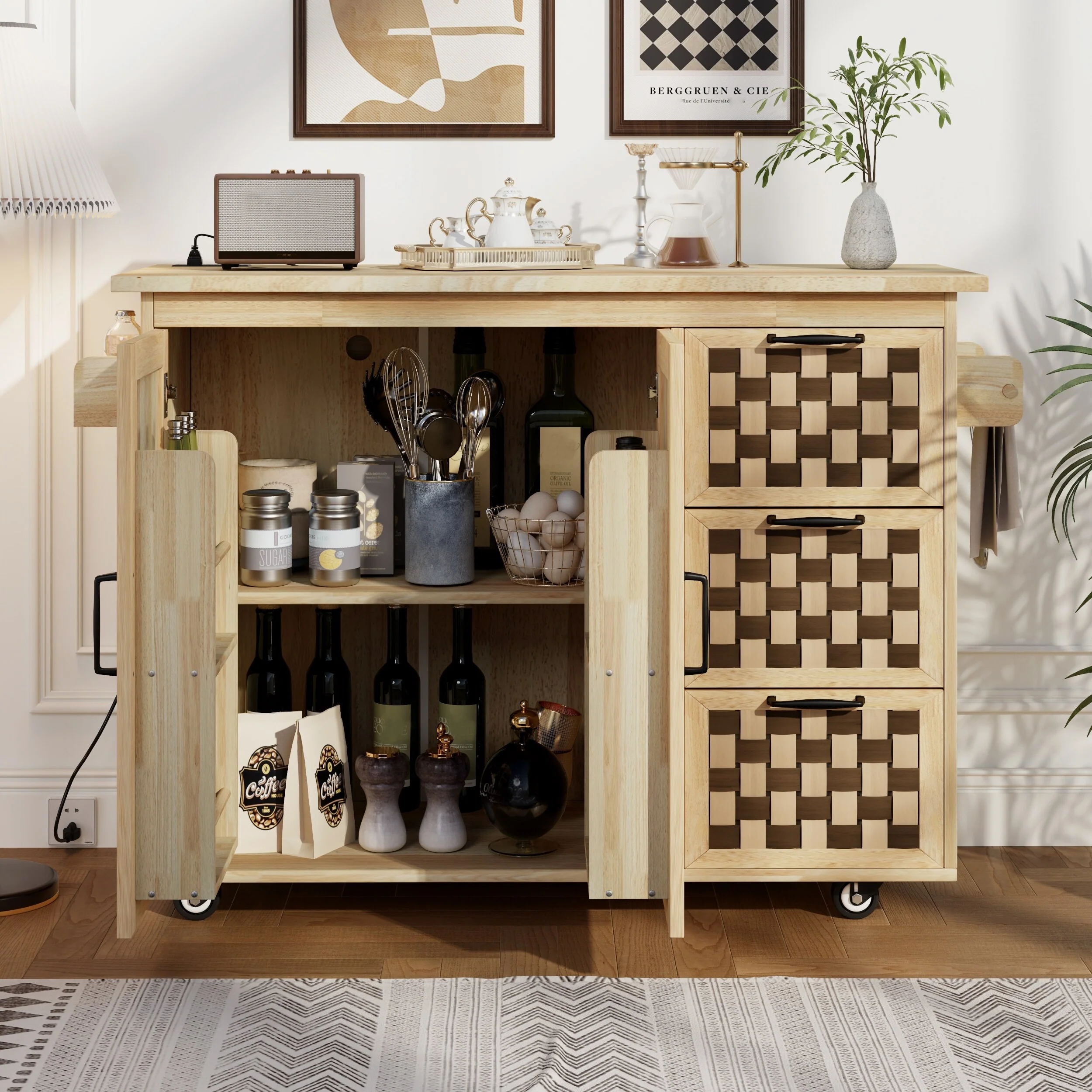 3D Woven Checkerboard Pattern Kitchen Island with Drop Leaf, Internal Storage Rack, Power Outlet, 3 Drawers and 2 Cabinets