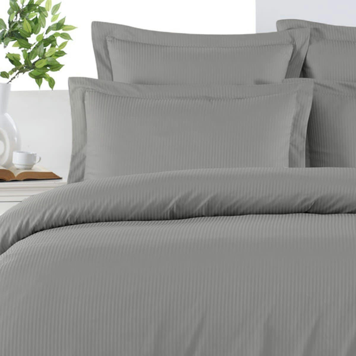 VERSAILLES - Housse de couette rayée réversible en satin d gris acier 200x200 cm