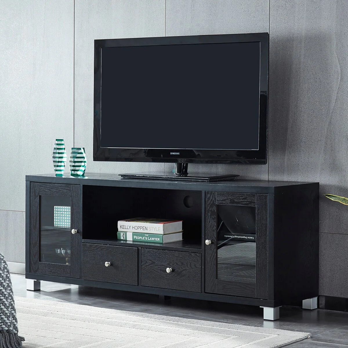 Wood TV Stand with Adjustabel Shelves and Glass Doors