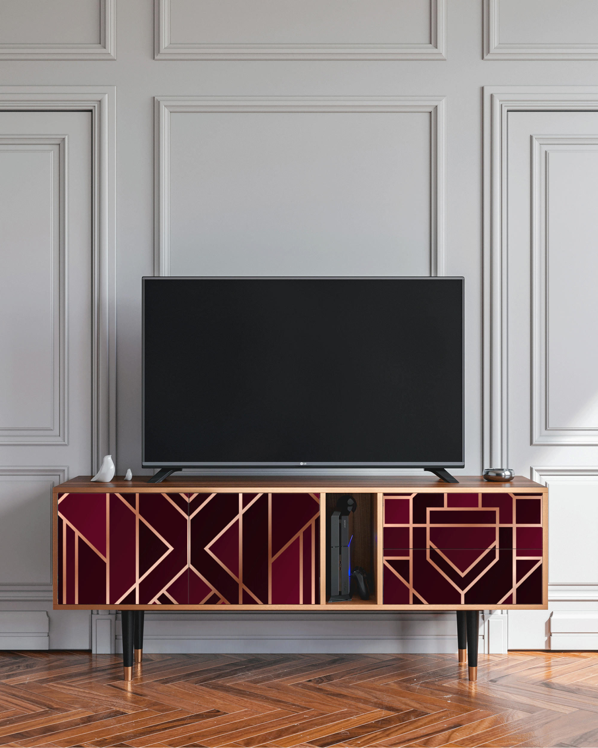 BURGUNDY JEWELERY - Meuble TV  bordeaux 2 tiroirs et 2 portes L 170 cm