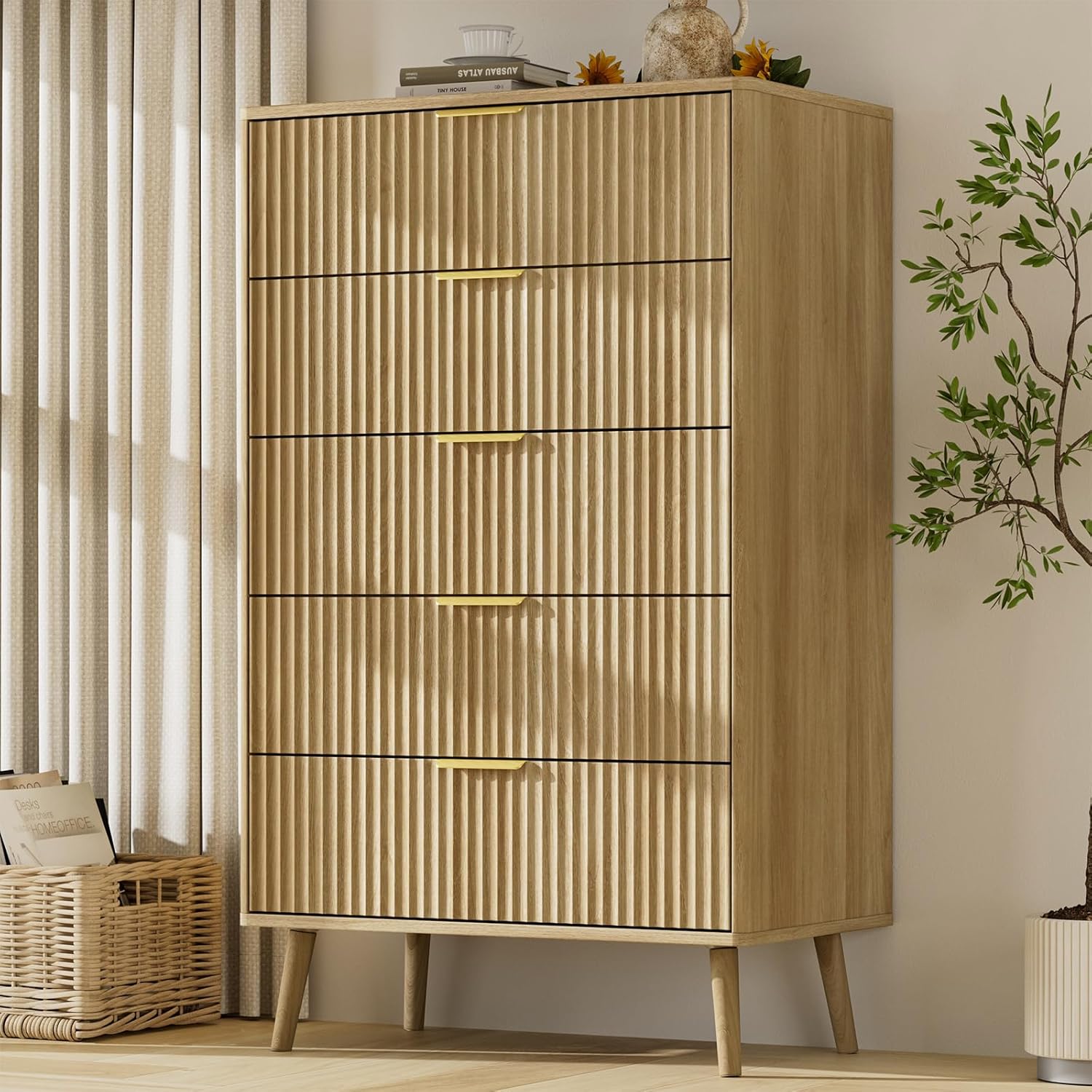LYNSOM Fluted 5 Drawers Dresser, 45 Tall Modern Chest of Drawers with Curved Profile Design and Metal Handle, Wood Drawer Organizer for Bedroom, Living Room, Hallway, Entryway, Oak