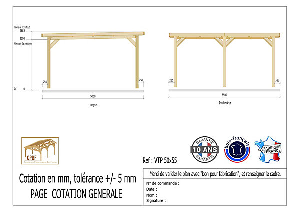 Carport toit plat, 500cmx550cm, bois DOUGLAS Français(Charpente en bois-auvent-abri voiture) 28 m². Garantie 10 ans
