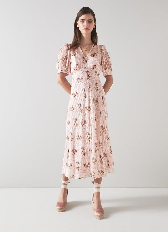 Leith Pink Wildflower Potpourri Silk Metallic Stripe Dress