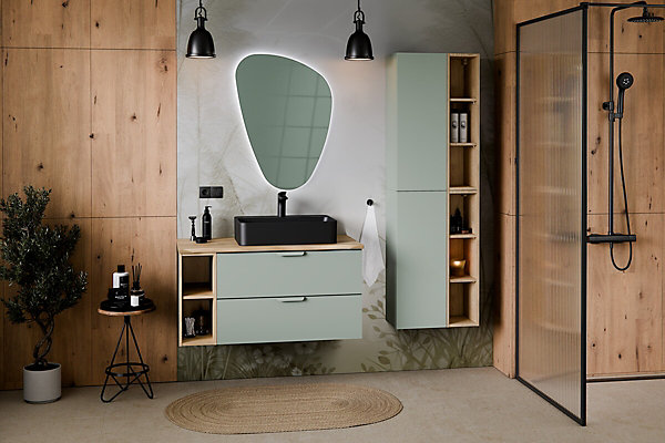 Meuble colonne de salle de bain suspendu ASTER vert 50 x 80 cm avec extension - étagères ouverte