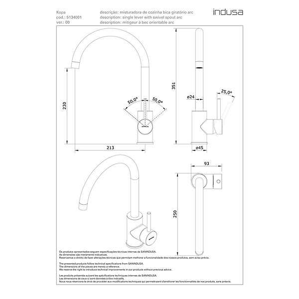 Mitigeur pour évier de cuisine bec haut orientable SANINDUSA Kopa Arc inox brossé