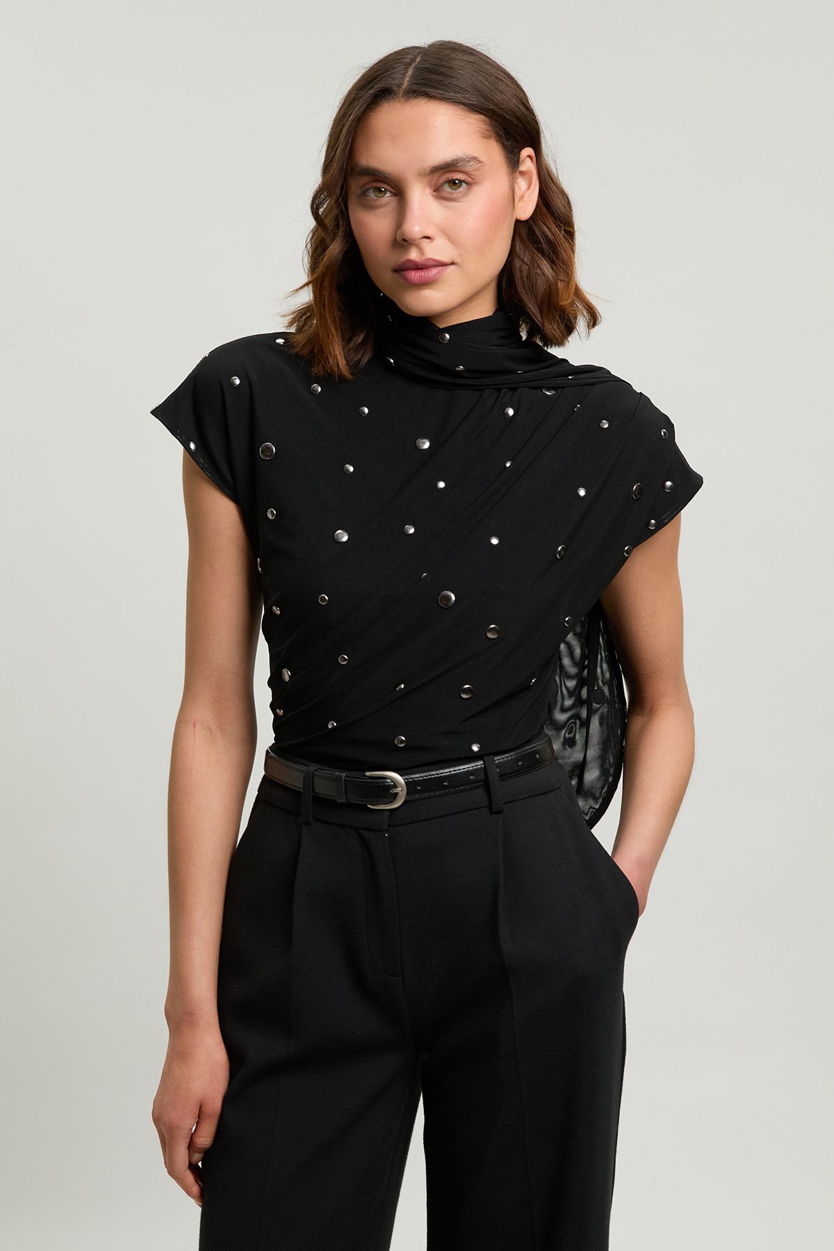 KarenMillen Cowl Neck Stud Detail Jersey Top