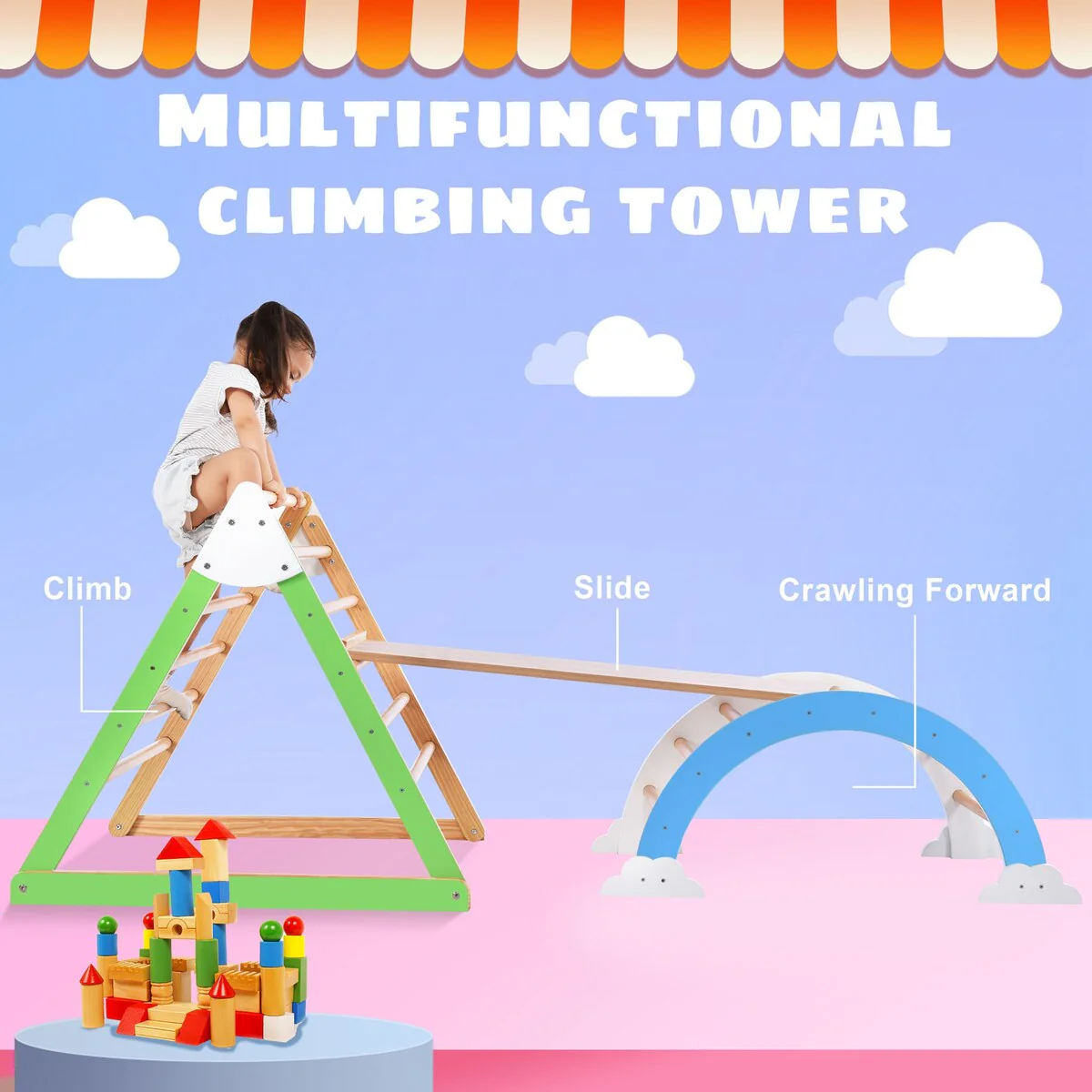 Wooden Climbing Triangle Toys - Arc Climber Jungle with Ramp and Arch Toy Rocker, Reversible Playset Natural Wood Playground