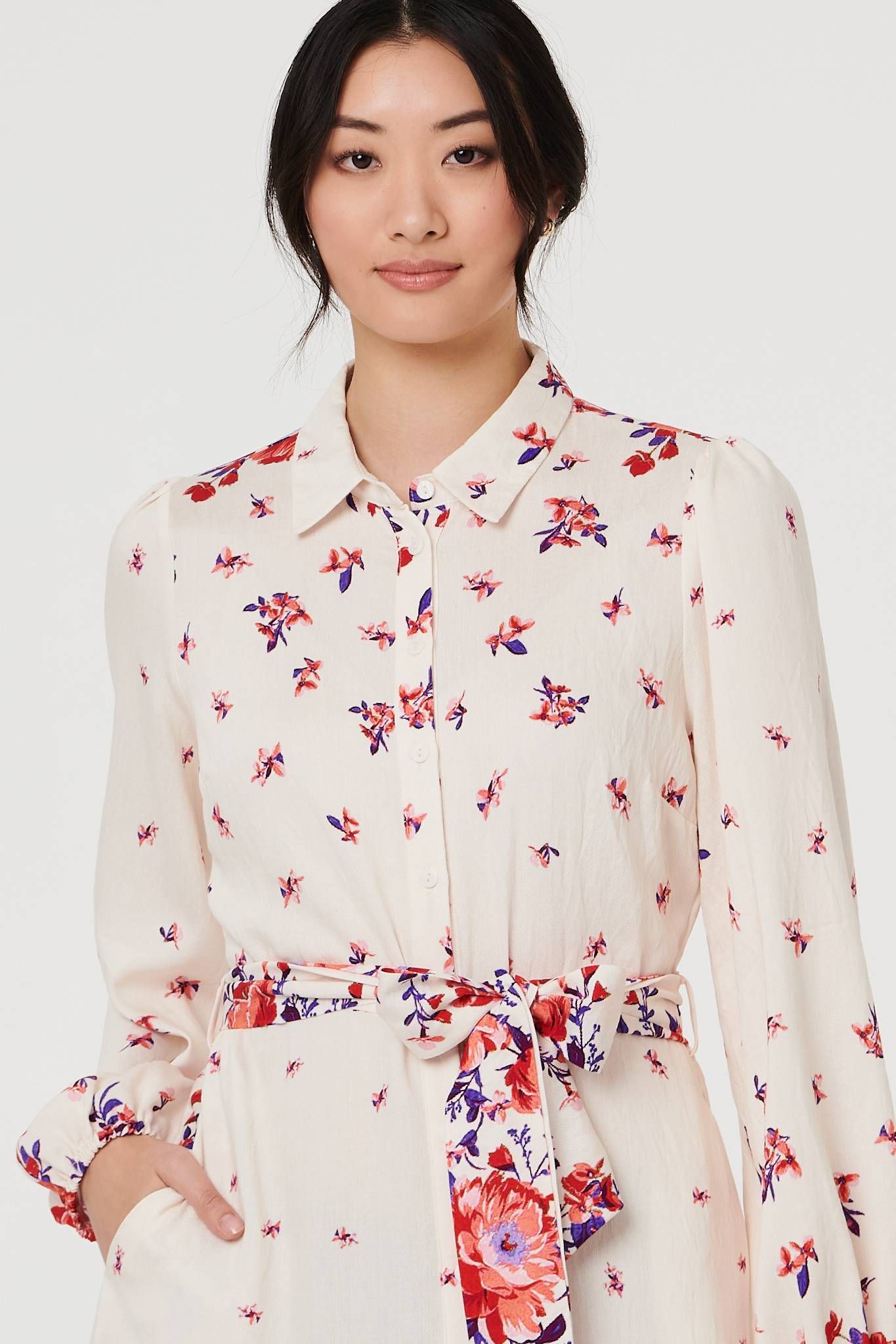 Izabel London Floral Border Tie Waist Midi Shirt Dress