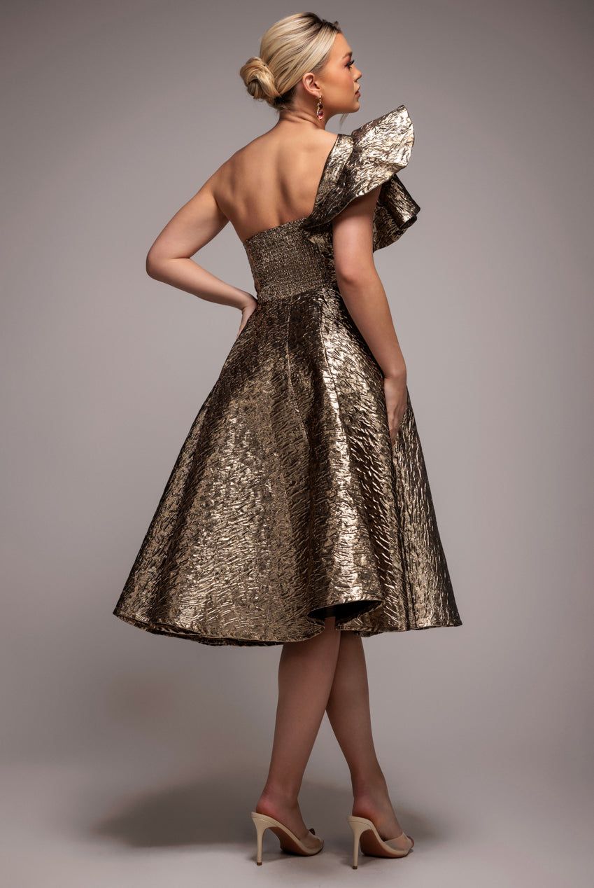Goddiva One Shoulder Frill Jacquard Skater Midi Dress