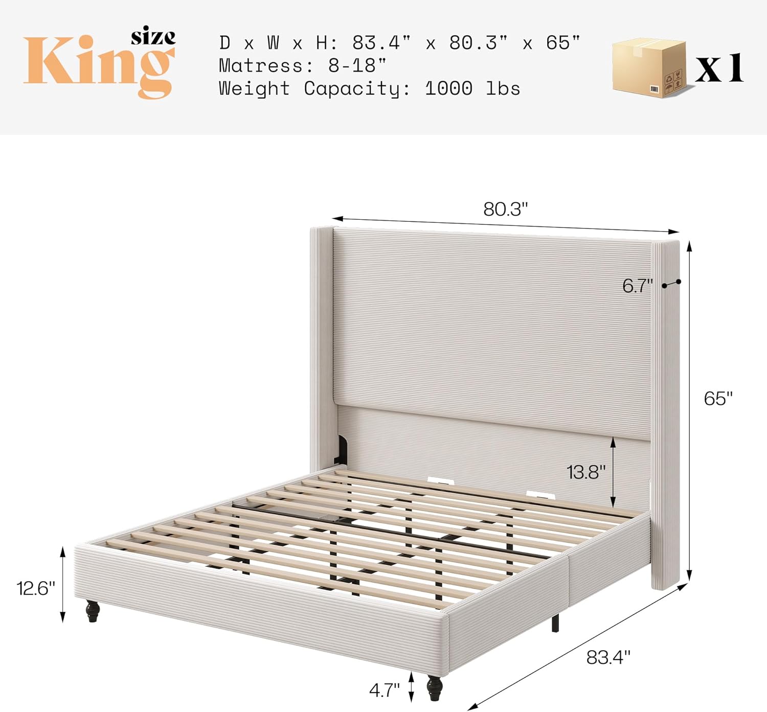AMERLIFE King Size Bed Frame with 65 Tall Headboard, Upholstered Corduroy Bed Frame with Wingback, Platform Bed with Solid Wood Gourd Legs, Solid Slats, No Box Spring Needed, White