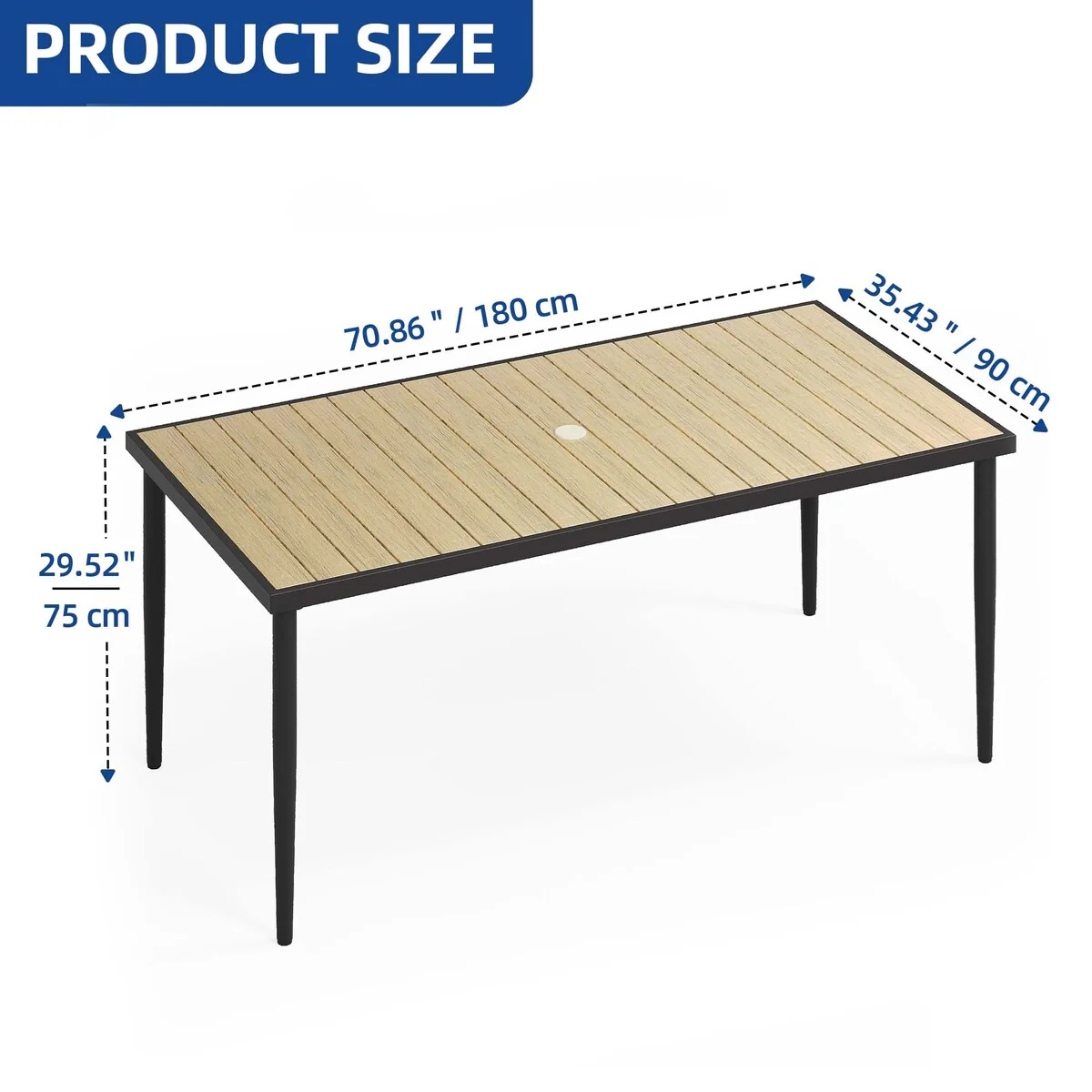 Moasis 70 Outdoor Rectangular Patio Dining Table with Umbrella Hole & Faux Wood Tabletop - N/A