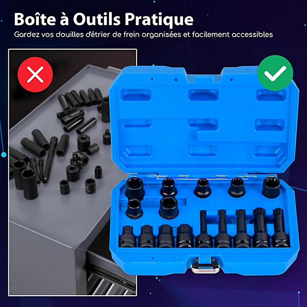Lot de 16 Coffre Douilles à Choc pour Entraînement,Kit d'Outils de Réglage de Frein de 1,3cm,pour Etrier de Frein à Impact (Bleu)