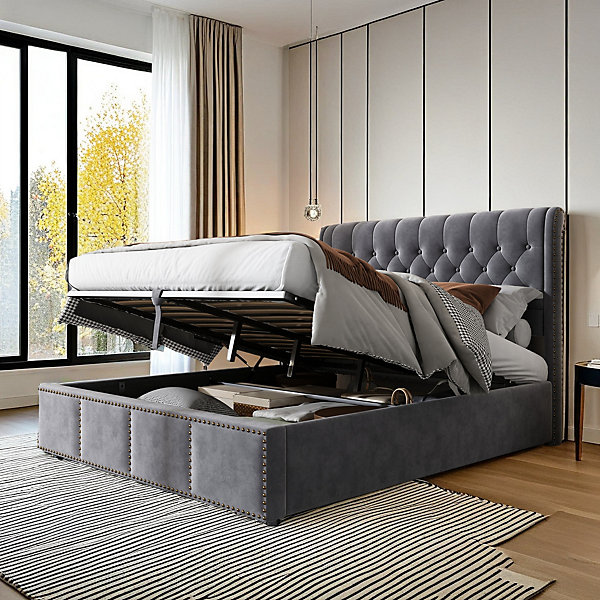 Lit rembourré, avec levier hydraulique, lit fonctionnel avec rangement, décor rivet, 160 x 200 cm, sans matelas, velours, gris