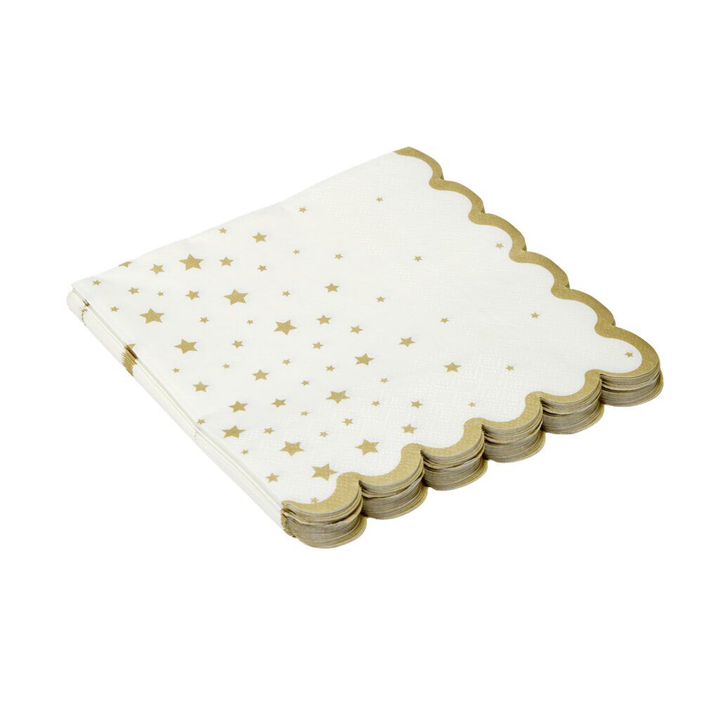 Serviette en papier 3 plis X20 pcs imprimé étoiles bord festonné L33X33 cm blanc et doré