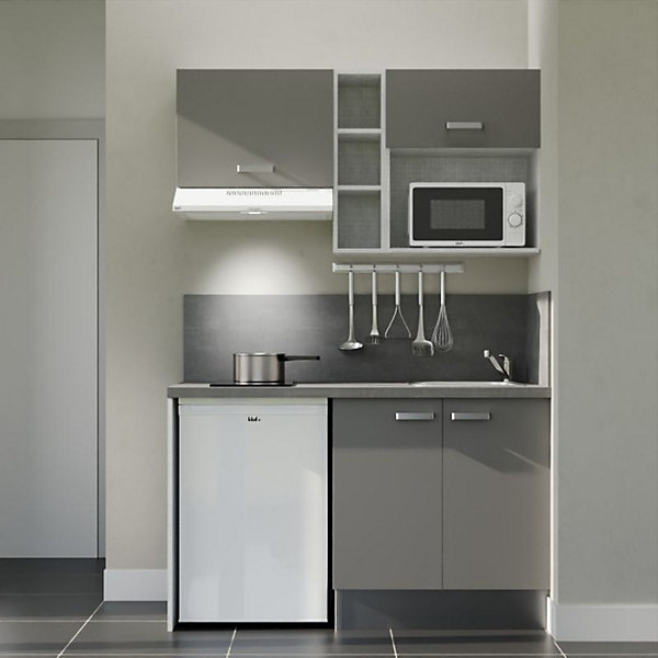 Kitchenette K13 - 140 cm - Façades : Gris - Plan de travail : Gris - Crédences : Oui - Evier