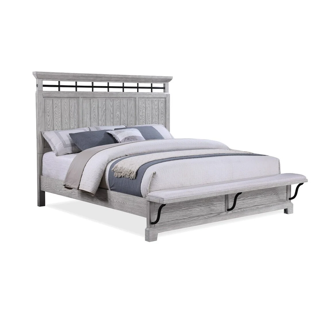 Contemporary Panel Built-in Bench Bed Light Gray Wooden Bedroom Set