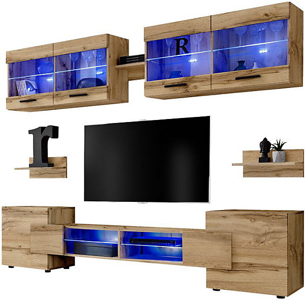 Meuble TV Foggia Komodee - LED Bleues - Bois naturel Mat et Bois naturel - 230 x 195 x 35 cm