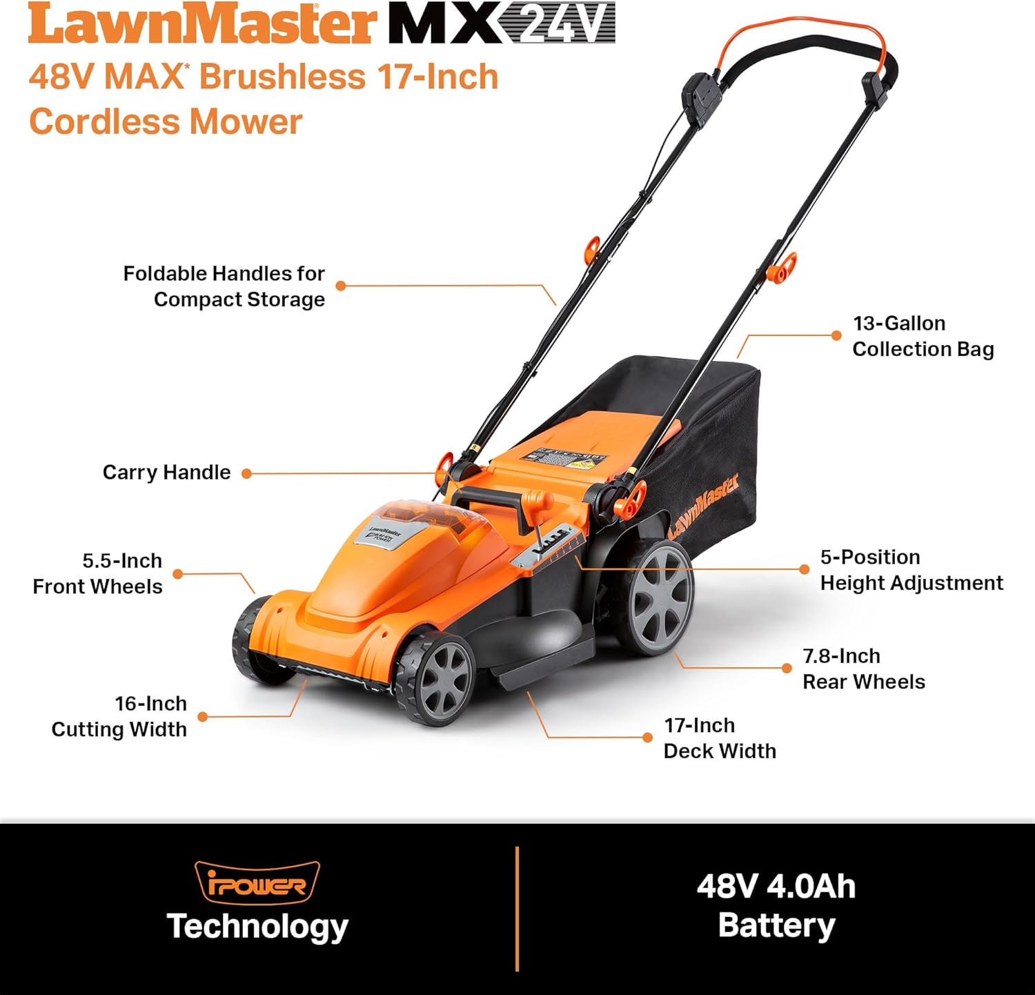 LawnMaster CLMF4817E 48V MAX Brushless Mower with 2X24V MAX 4.0Ah Battery and a Dual Charger