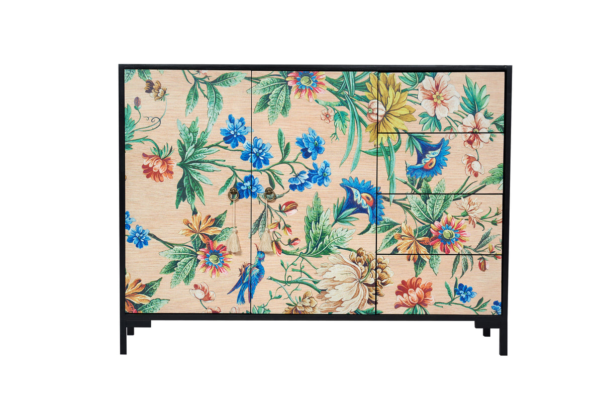 Laag dressoir met 2 deuren en 4 laden van MDF met bloemenpatroon