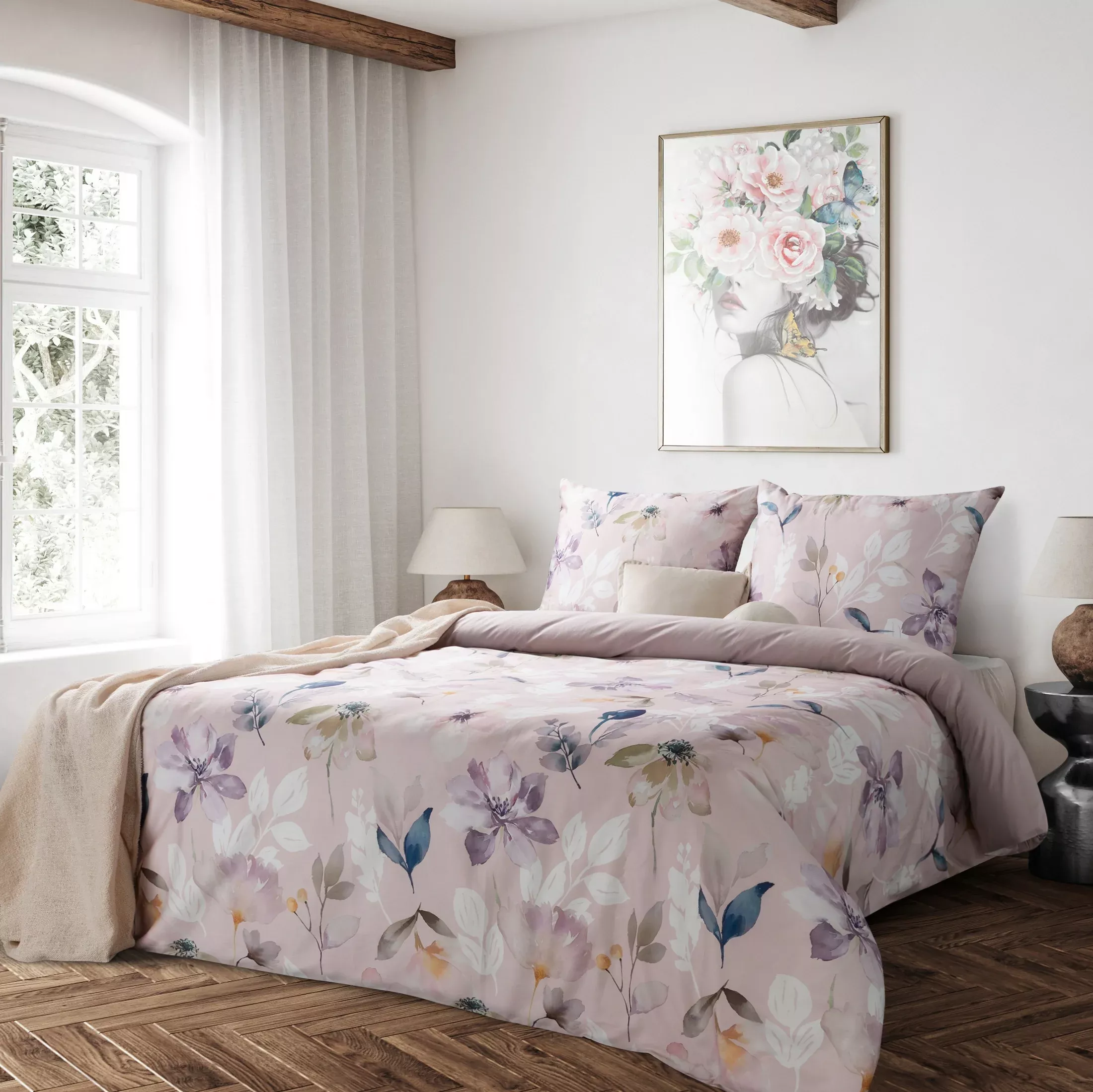 Pościel bawełniana z makosatyny 160x200 cm komplet 3 częściowy kolor jasnoróżowy, biały z motywem kwiatów Eurofirany Premium