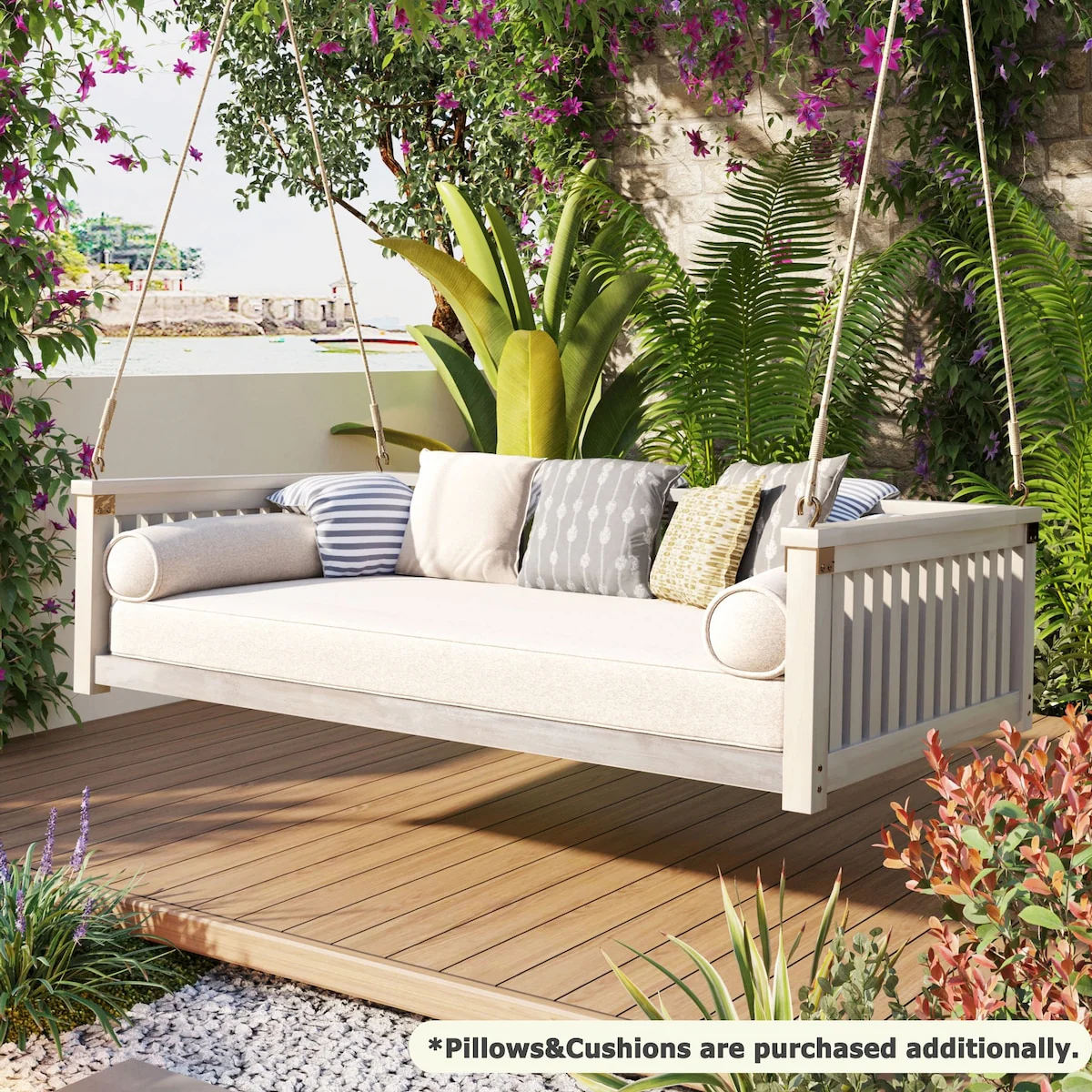 Patio Minimalist Twin Size Garden Swing Bed Wood Porch Swing with Ropes for Backyard, Safe Sloped Design