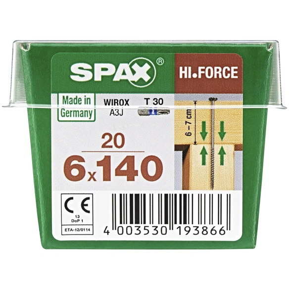 Holzbauschraube, 6 mm, Stahl, 20 Stk., HI.FORCE 6X140 M