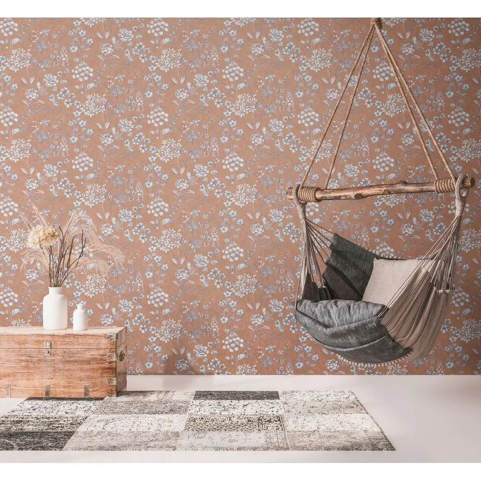 Livingwalls behang bloemen oranje, bruin, lichtblauw en wit - 53 cm x 10.05 m