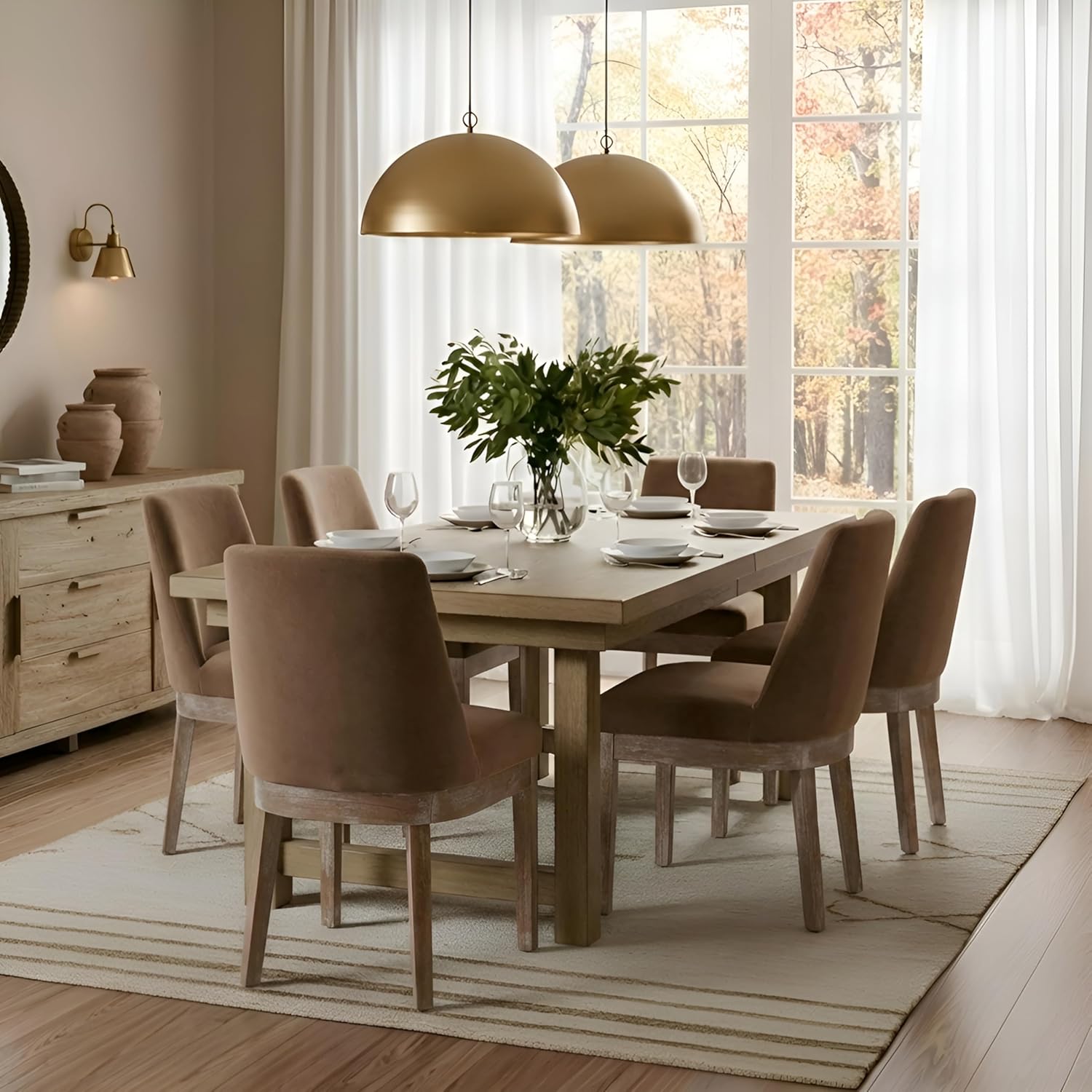 RIVOVA Modern Dining Chairs Set of 6 Comfortable Dining Room Chairs with Back, Velvet Fabric Upholstered Kitchen Side Chairs with Wood Legs for Living Room, Khaki