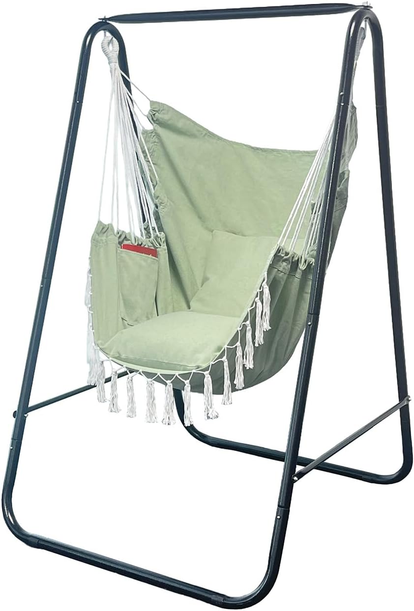 Hammock Chair with Stand,Heavy-Duty Hammock Stand with Large Indoor Swing,MAX Load 500 LBS,Hanging Chair with Stand for Indoor Outdoor,Swing Chair with 2 Cushions Included(Green)