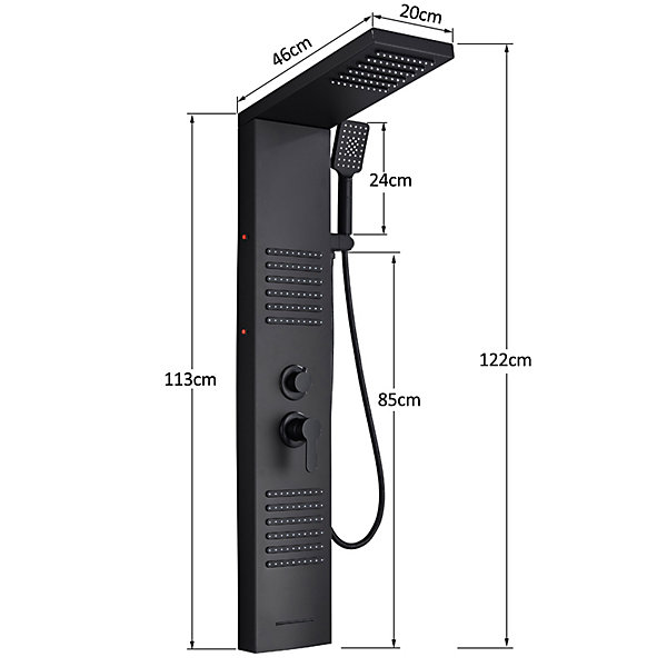 Panneau de douche LED noir mat, douchette et jets massage