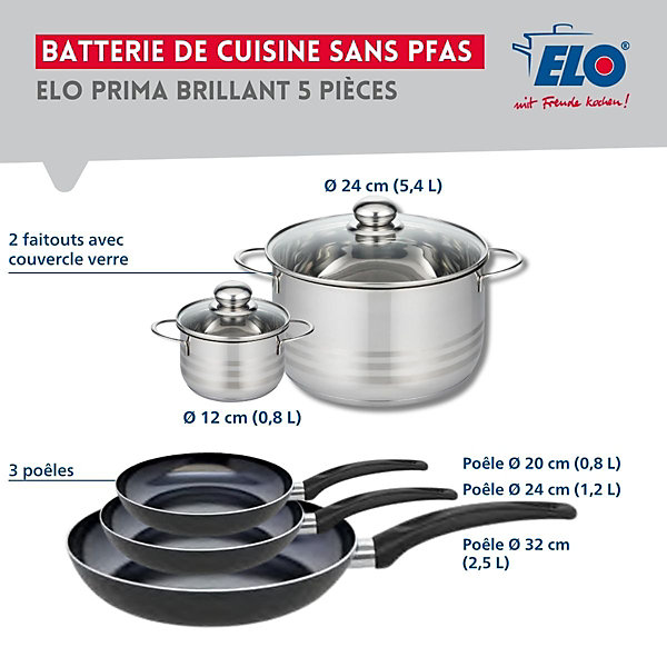Ensemble de 3 Poêles de cuisson 20, 24 et 32 cm et 2 faitouts 12 et 24 cm Elo Prima Brillant