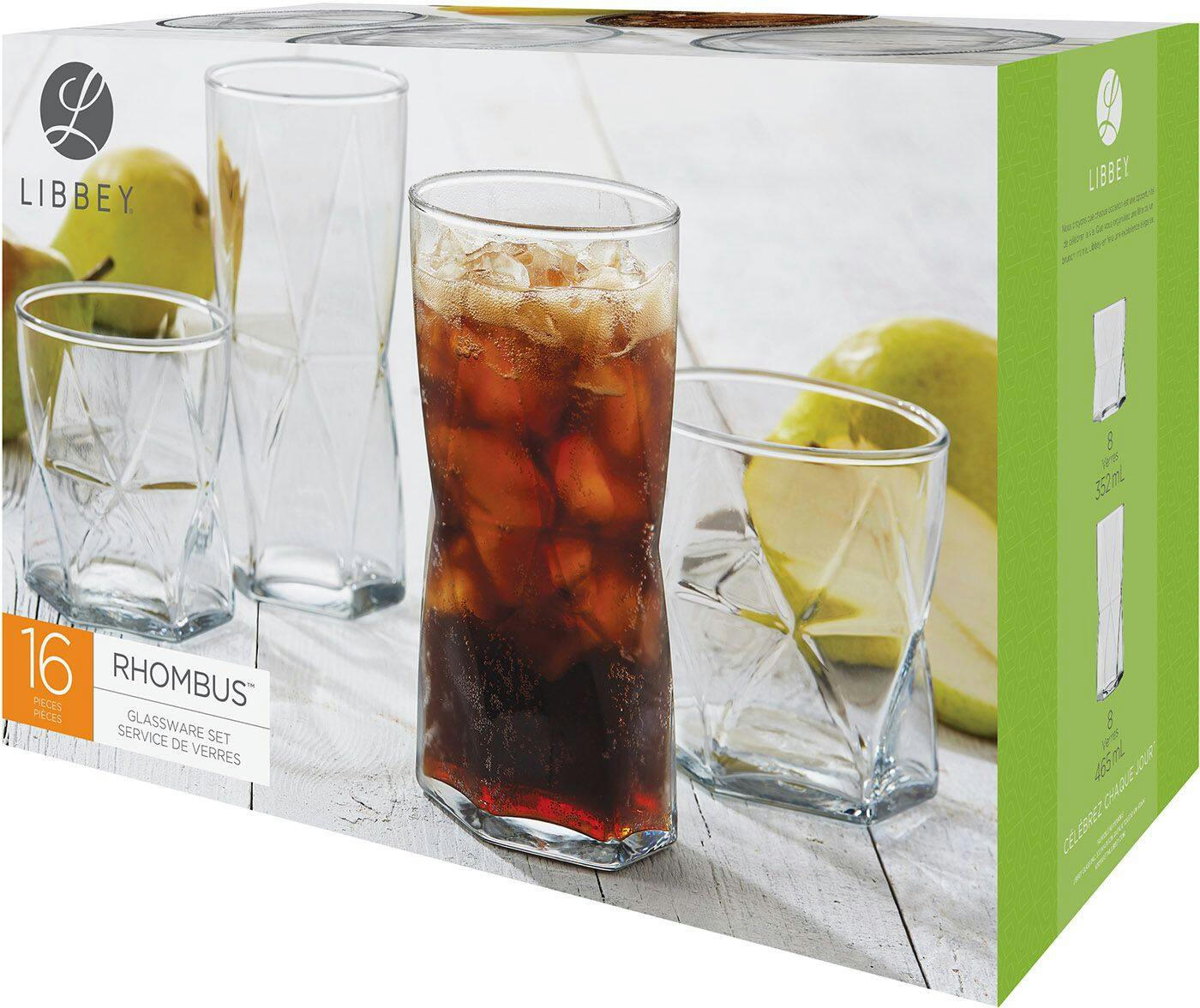 Libbey Rhombus 16pc Tumbler Glassware Set, Dishwasher Safe, 8pc x 357-mL and 8pc x 464mL