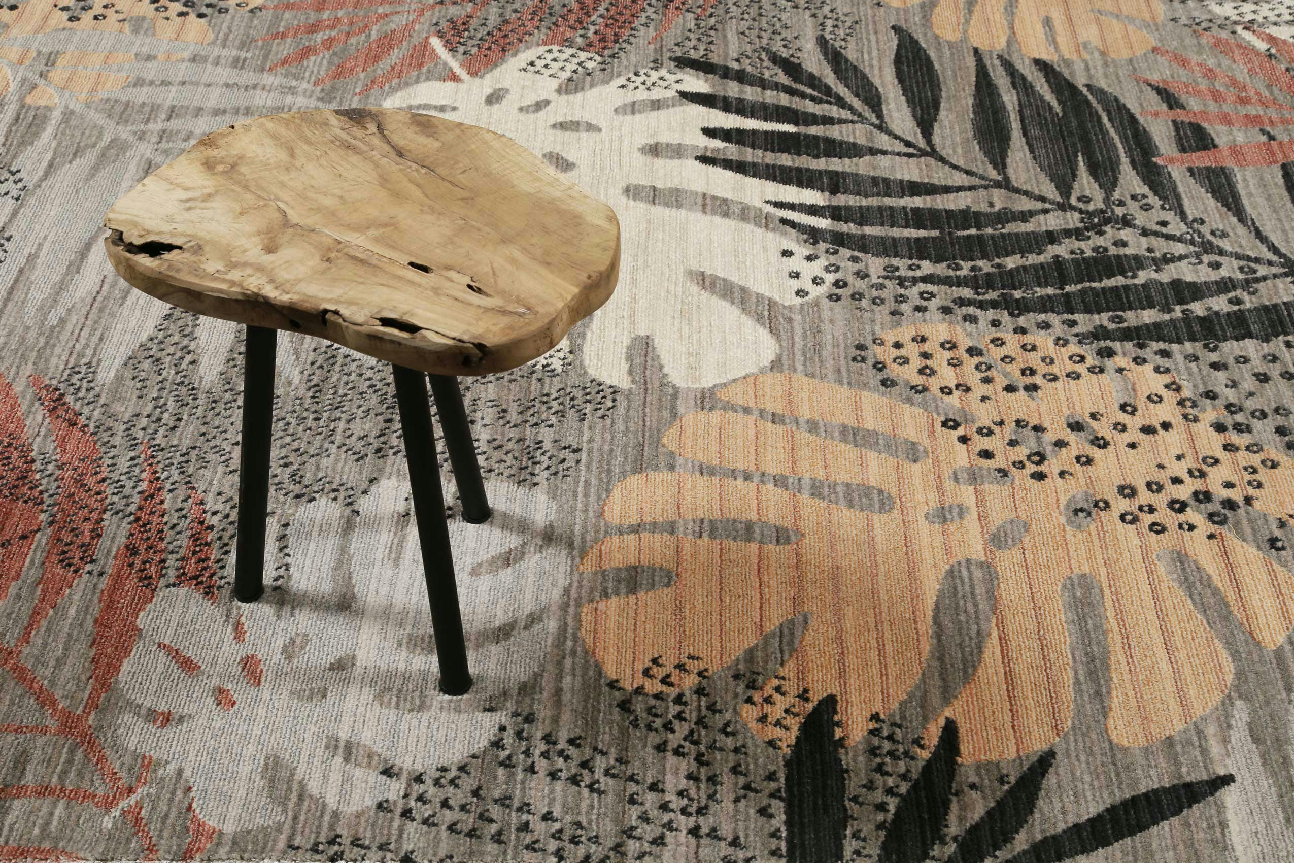 FLORENCE - Tapis tissé plat thème feuillage à franges fond gris 160x225