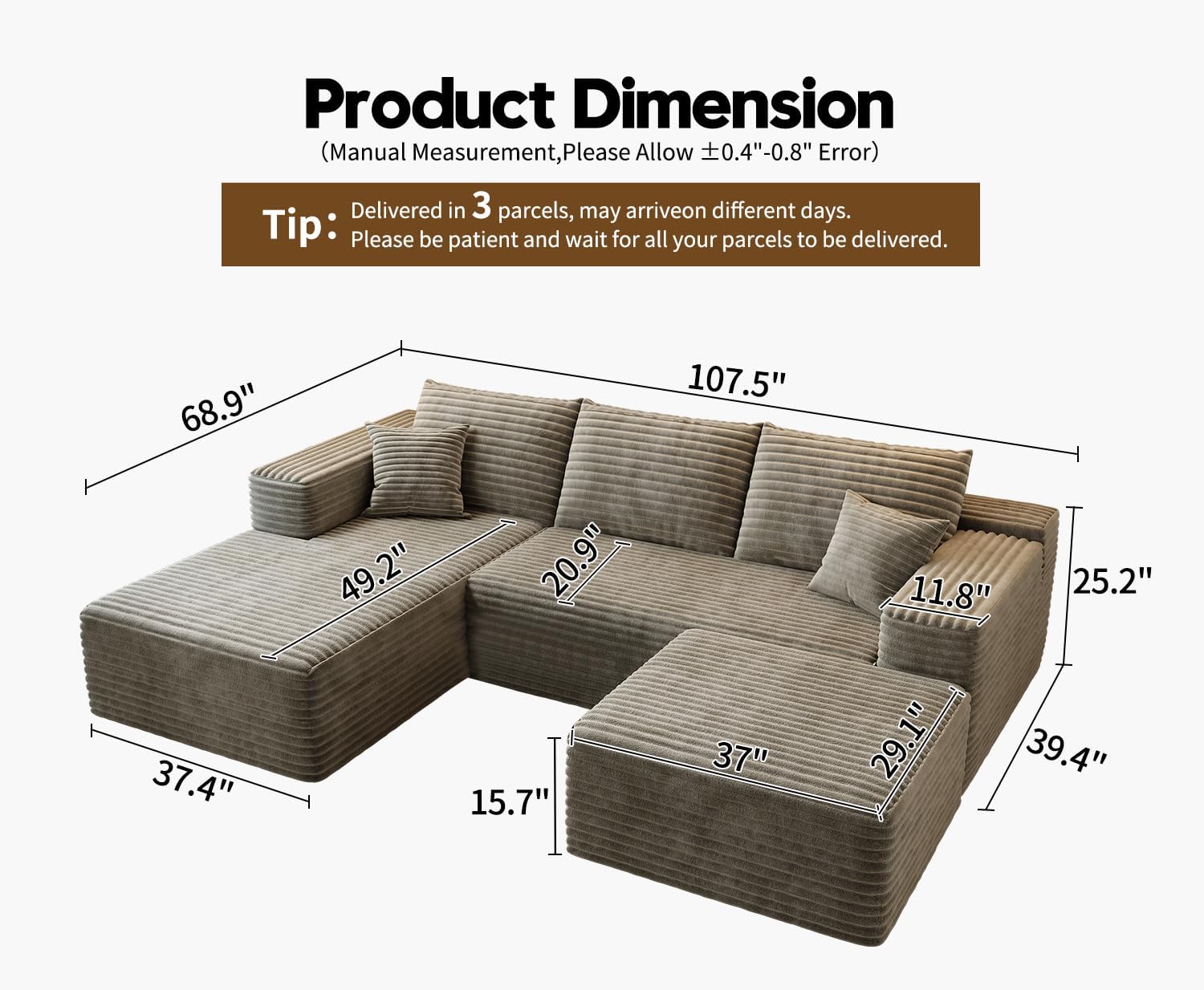 107.5 Cloud Modular Sectional Couch with 1 Ottoman,Modern Minimalist Upholstered Couches, Comfort U Shaped Sofa for Living Room,Deep Seat Corner Couch，No Assembly Required (Camel,Left Facing Chaise)