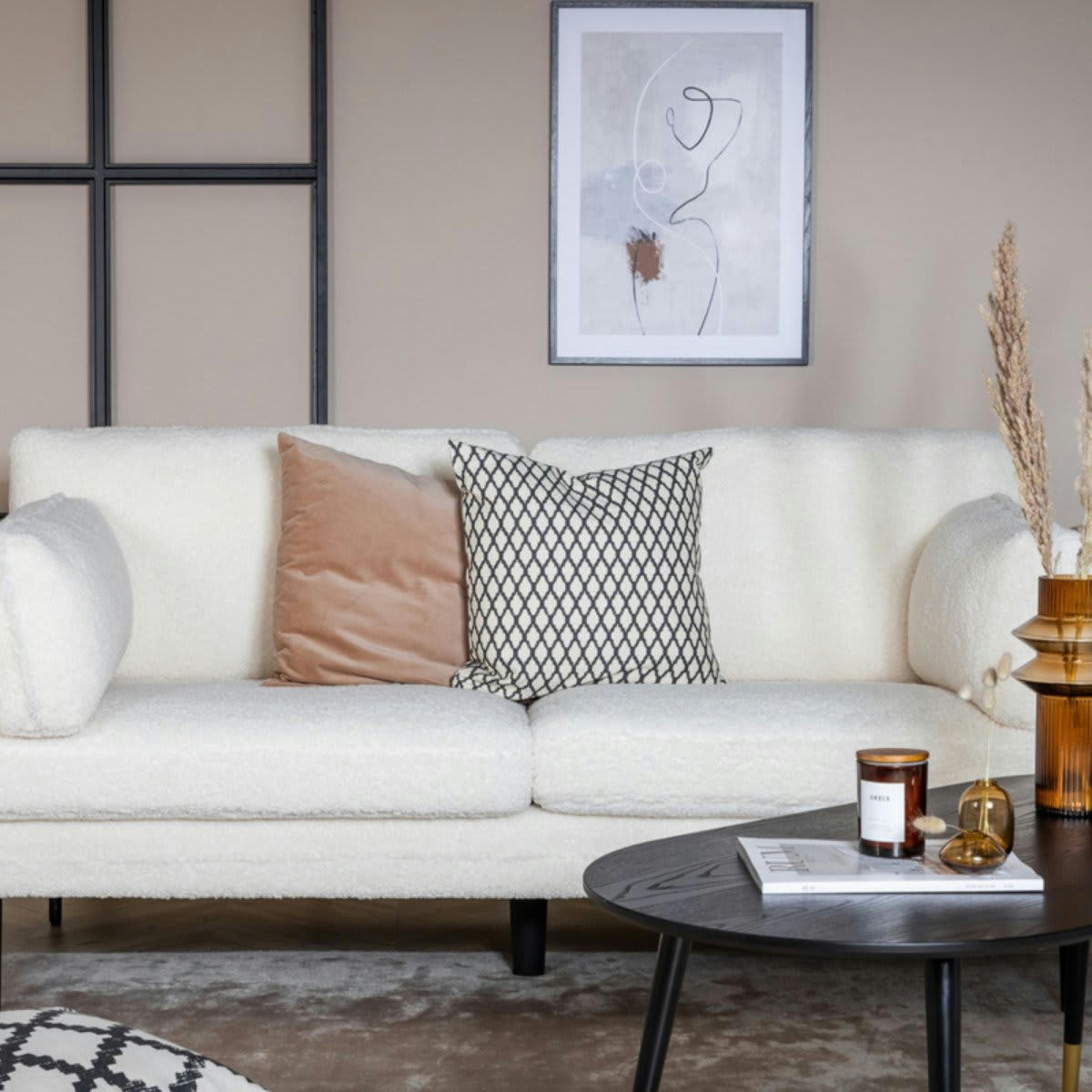 LINCOLN - Canapé droit 2 places en tissu bouclé doux blanc