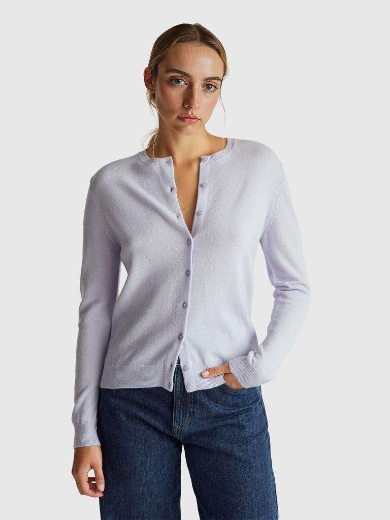 Lilac crew neck cardigan in pure Merino wool