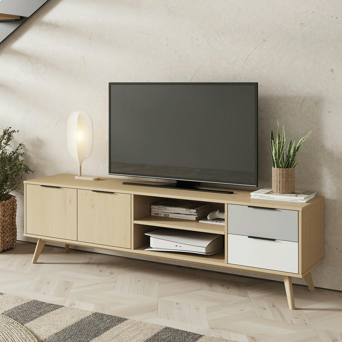 EDDY - Meuble TV 2 portes 2 tiroirs en pin massif bicolore/effet chêne 180 cm